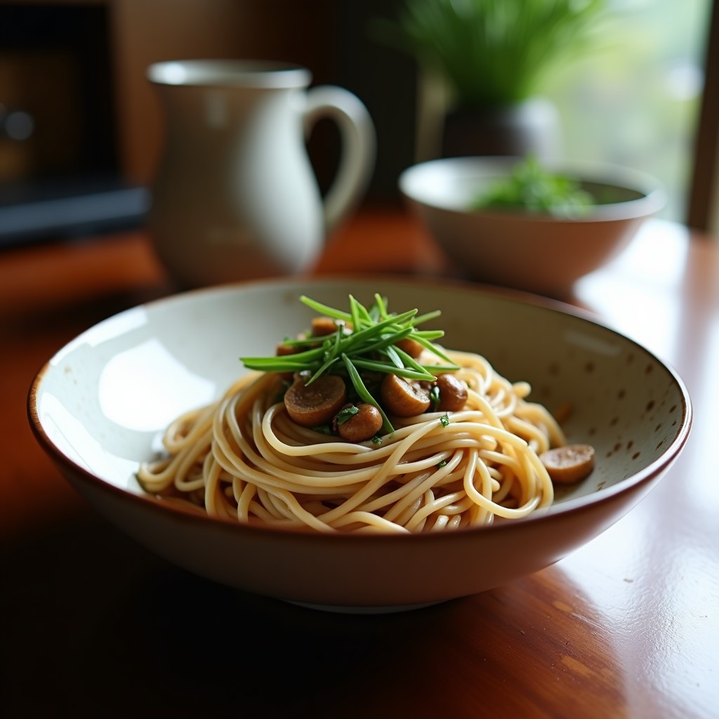Cuenco hondo de cerámica japonesa con sopa de fideos soba sumergidos en un caldo dorado de dashi de shitake, decorado con cebollino picado, semillas de sésamo negro y un hilo de aceite de sésamo tostado.