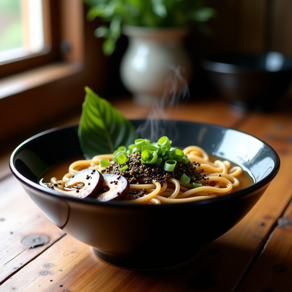Cuenco hondo de cerámica negra con sopa de fideos soba, champiñones portobello en láminas, algas wakame, cebollino y semillas de sésamo negras, sobre fondo de madera rústica. Receta japonesa vegana alta en fibra.