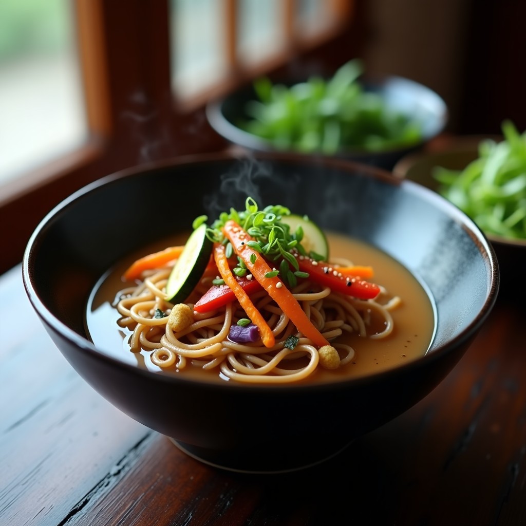 Cuenco negro de cerámica con sopa de fideos soba marrones, tempura de vegetales dorados (calabacín, zanahoria morada y pimiento rojo) y salsa ponzu brillante. Decorado con semillas de sésamo negro y cebollino picado sobre fondo de madera oscura.
