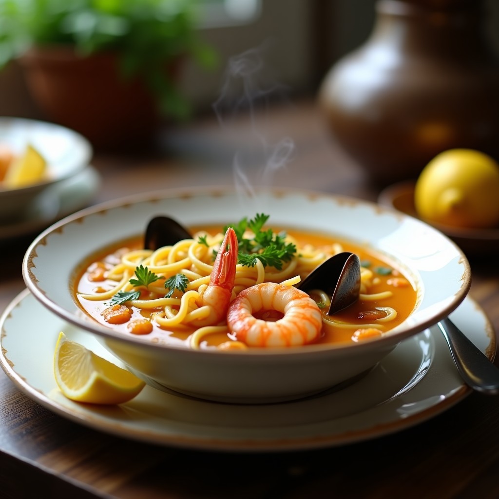 Cuenco hondo de cerámica blanca con sopa de fideuá de mariscos en olla express, llena de fideos gruesos, gambas, mejillones y calamares, decorada con perejil fresco y una rodaja de limón, sobre fondo rústico de madera.