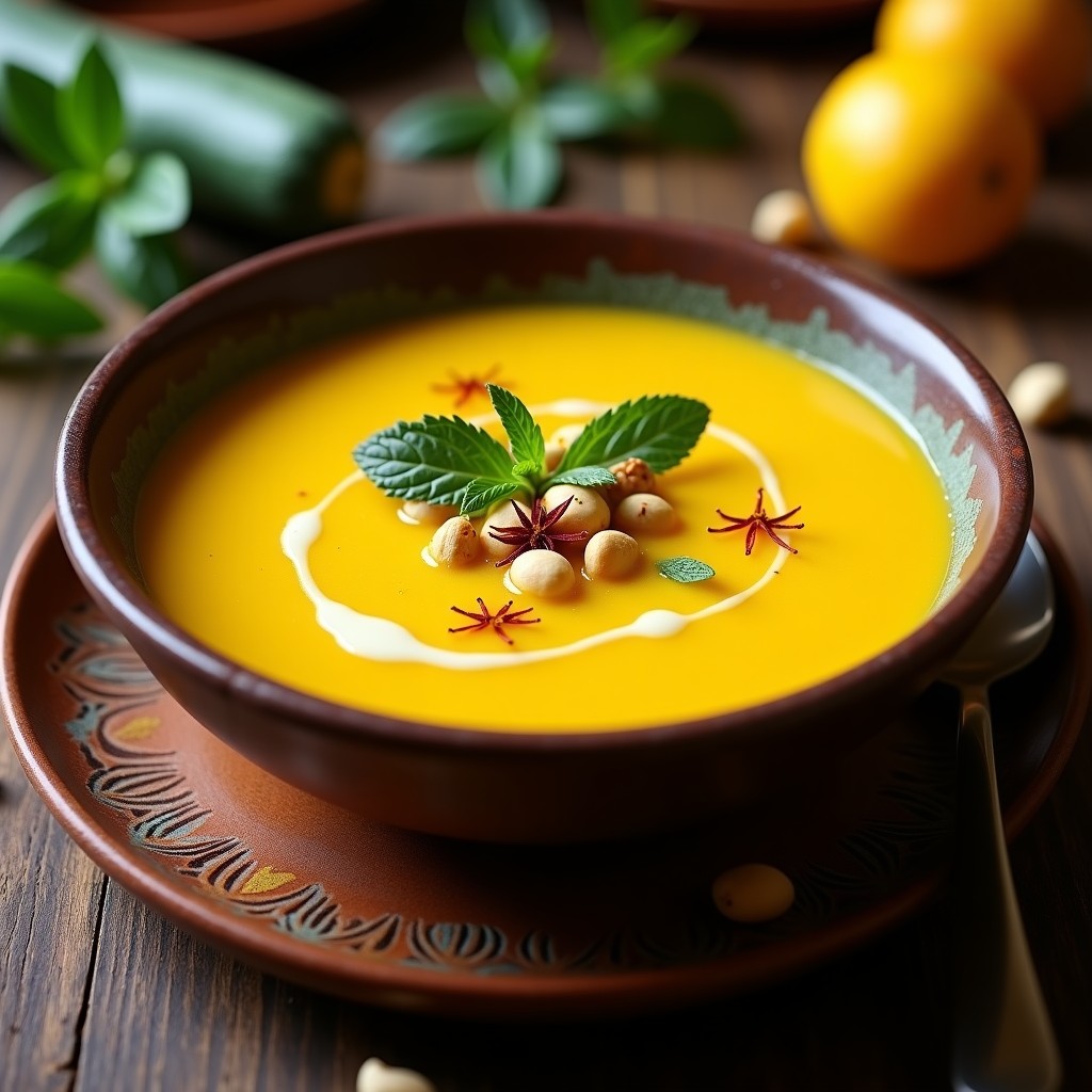 Sopa libanesa cremosa de flor de calabacín y queso de anacardos en cuenco rústico, con toques dorados de azafrán y hojas de menta fresca como decoración.