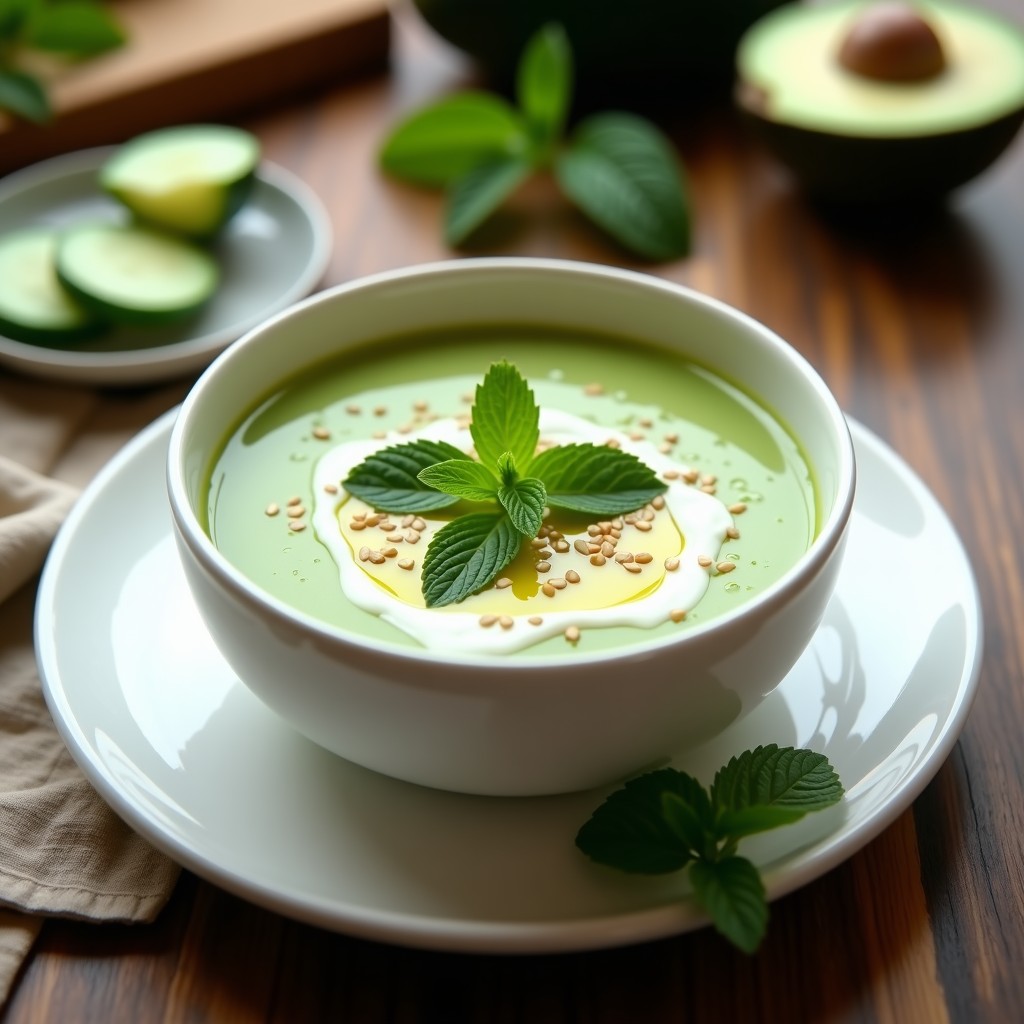 Sopa fría de aguacate y pepino con yogur servida en cuenco blanco, decorada con hojas de menta y semillas de sésamo, con fondo de luz natural y gotas de aceite de oliva.