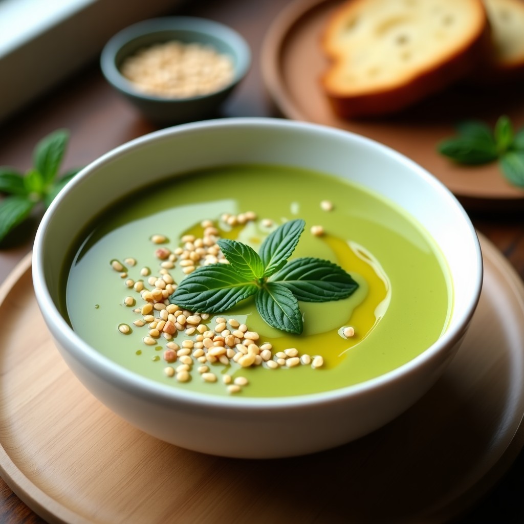 Cuenco blanco con sopa fría de aguacate y yogur, color verde cremoso, decorada con hojas de menta, semillas de sésamo y hielos. Fondo de mesa rústica con pan tostado al lado.