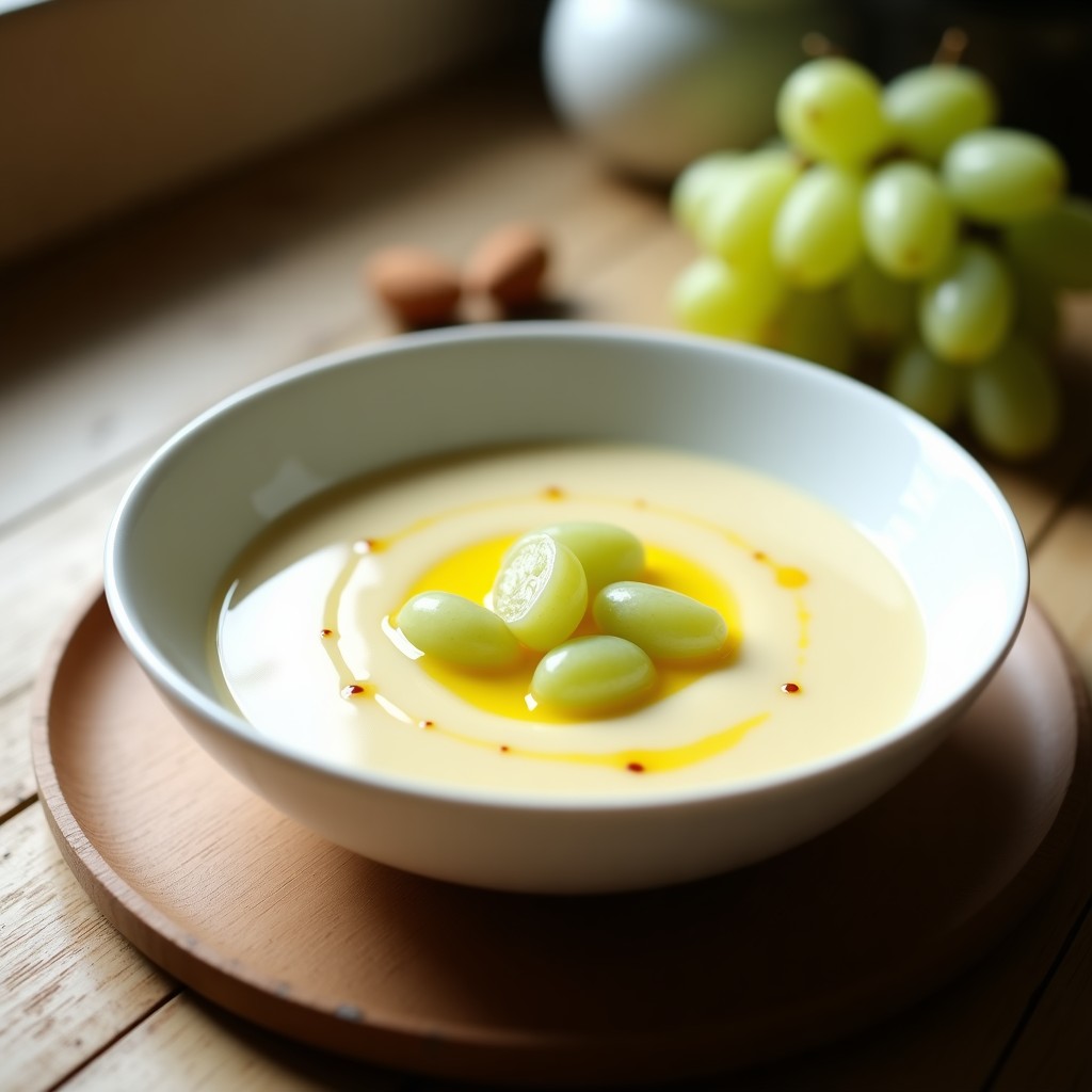 Cuenco de cerámica blanca con ajo blanco andaluz, sopa fría cremosa de color beige, decorada con uvas verdes y un hilo de aceite de oliva virgen extra, sobre fondo rústico de madera.