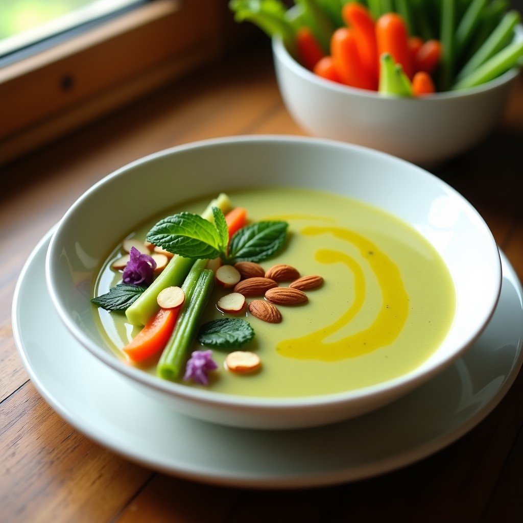 Cuenco blanco con sopa fría de calabacín y azafrán de color verde pálido con vetas doradas, decorada con crudités de apio, pepino, zanahoria morada, almendras fileteadas y hojas de menta. Fondo rústico con texto 'sopa fría de calabacín y azafrán con crudités keto'.