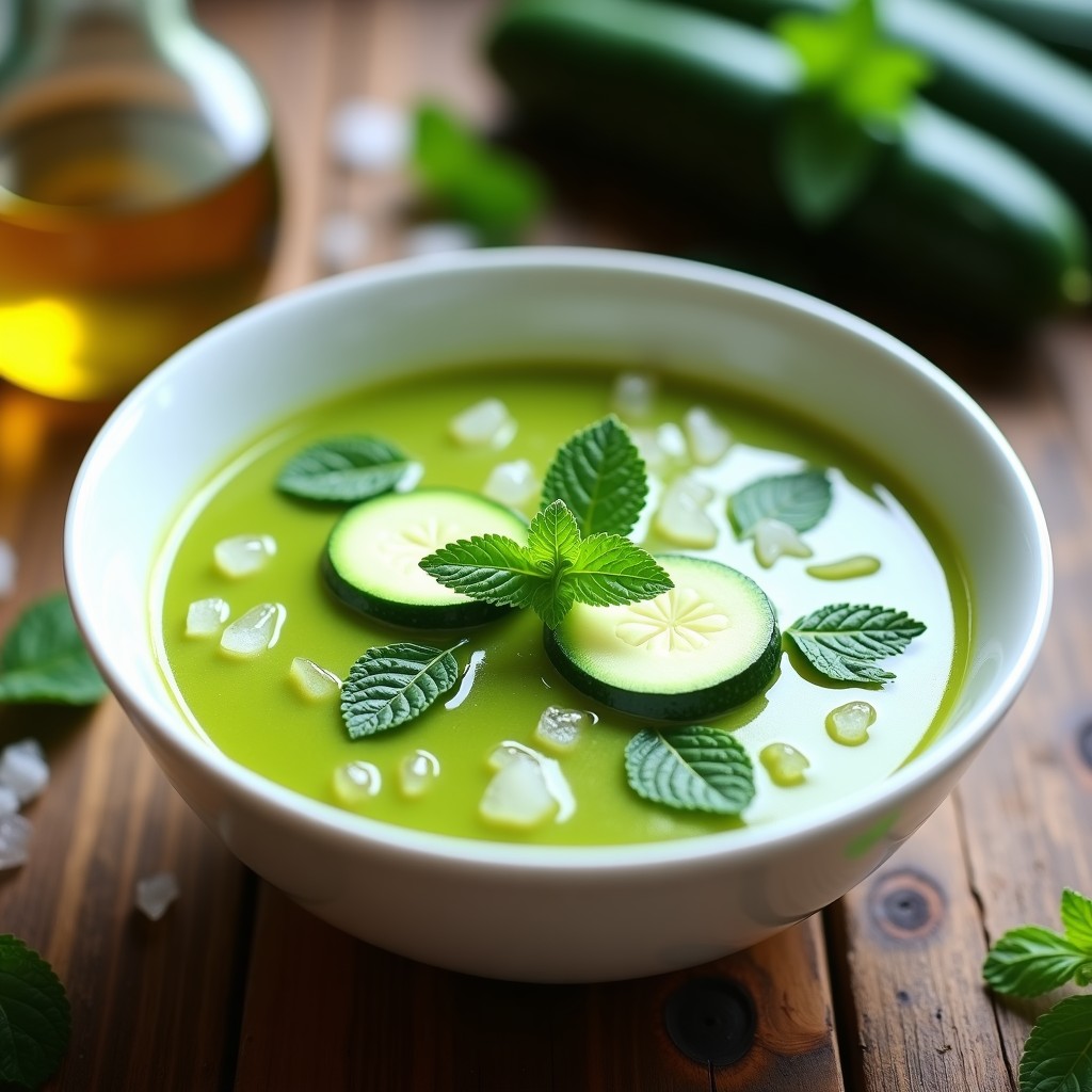 Cuenco blanco con sopa fría de calabacín cremosa, decorada con rodajas finas de calabacín, hojas de menta fresca y hielo picado, servida sobre una mesa rústica de madera con luz natural.