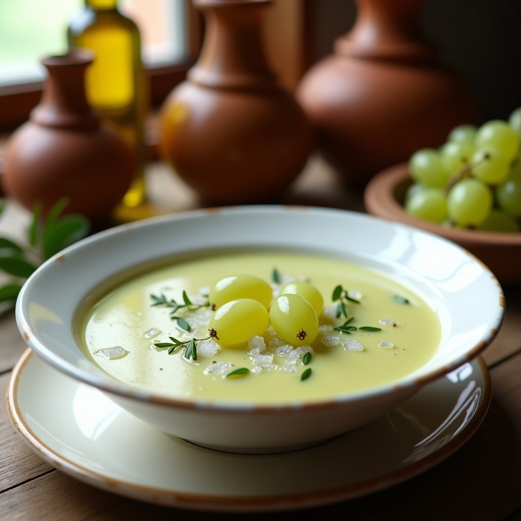 Cuenco blanco con sopa fría de almendras y uvas verdes, decorada con uvas enteras y hielo picado, sobre una mesa rústica de madera con fondo borroso de cocina andaluza.