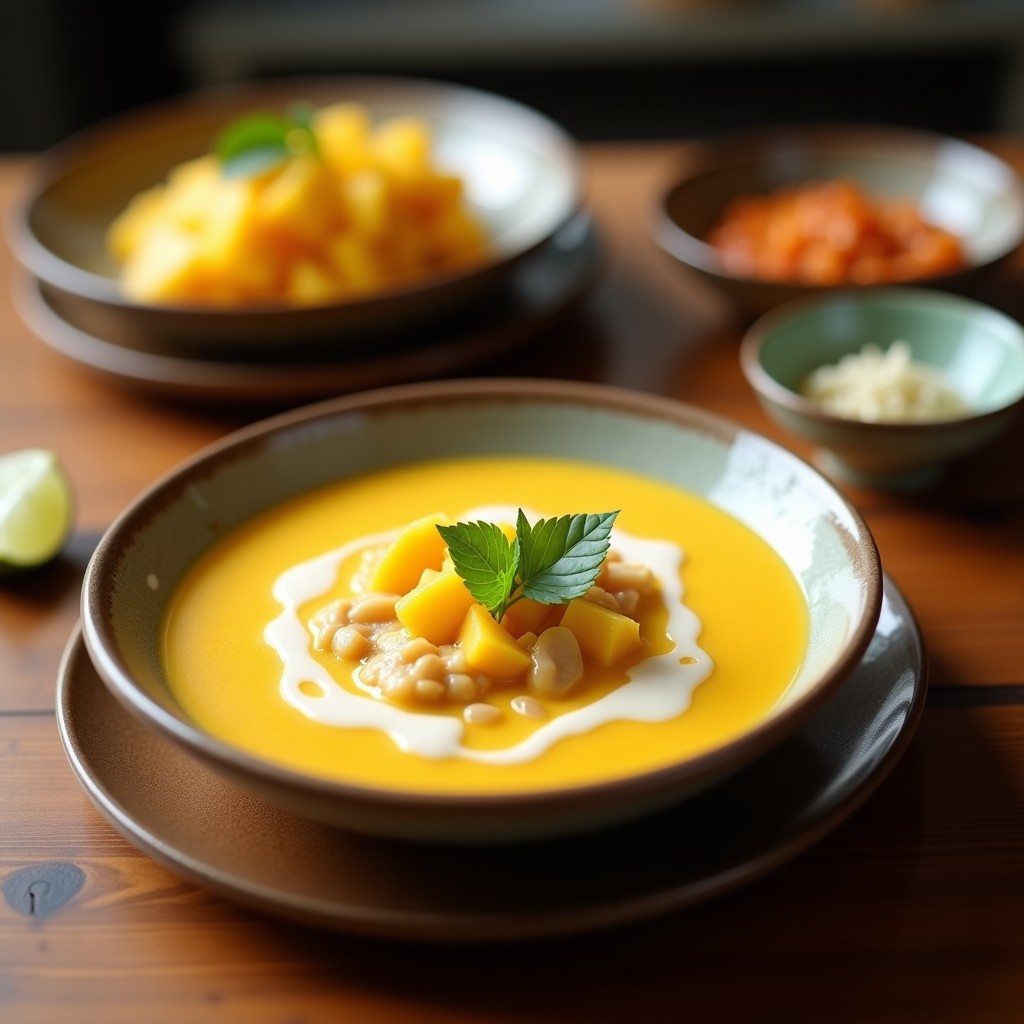 Copa de cristal transparente con sopa fría de mango y coco, decorada con trozos de mango fresco, coco rallado, hojas de menta y pimienta rosa, sobre fondo de madera rústica con limas al lado.