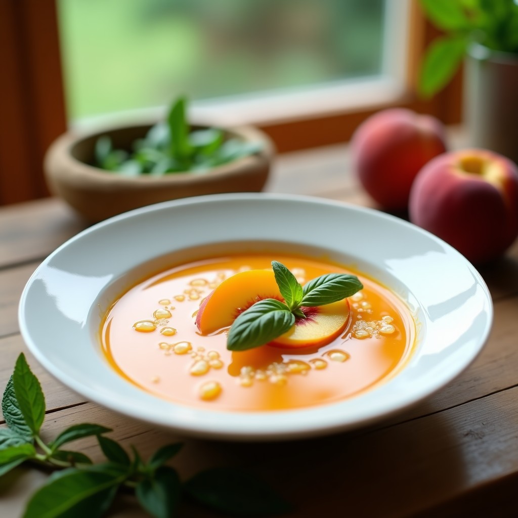 Cuenco de porcelana blanca con sopa fría de melocotón y albahaca, decorada con hojas frescas de albahaca y rodajas de melocotón, servida sobre una mesa de madera con fondo borroso.