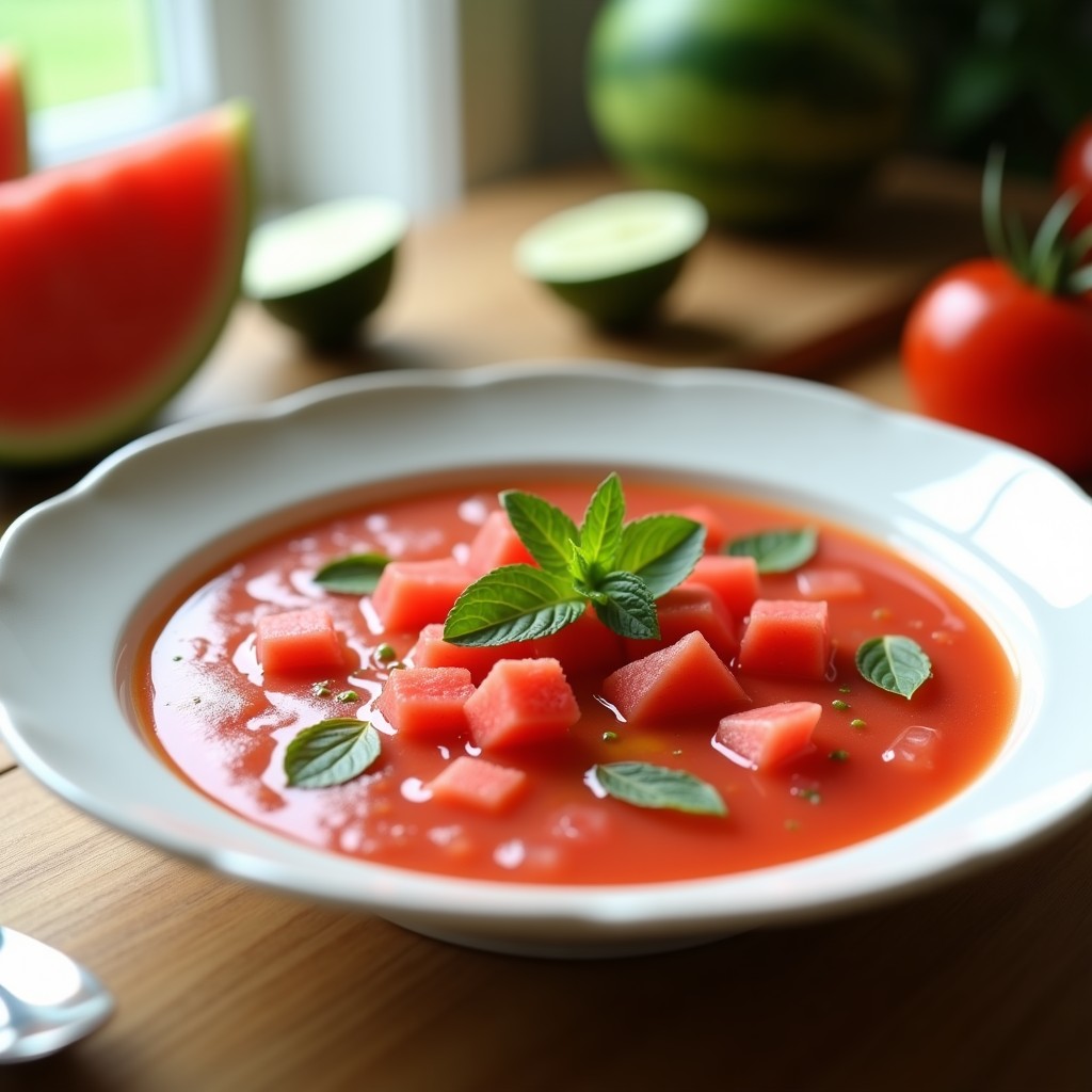 Gazpacho fresco de sandía y tomate servido en cuenco blanco, decorado con cubos de sandía y hojas de menta, con hielo picado y fondo de mesa rústica de madera claro.