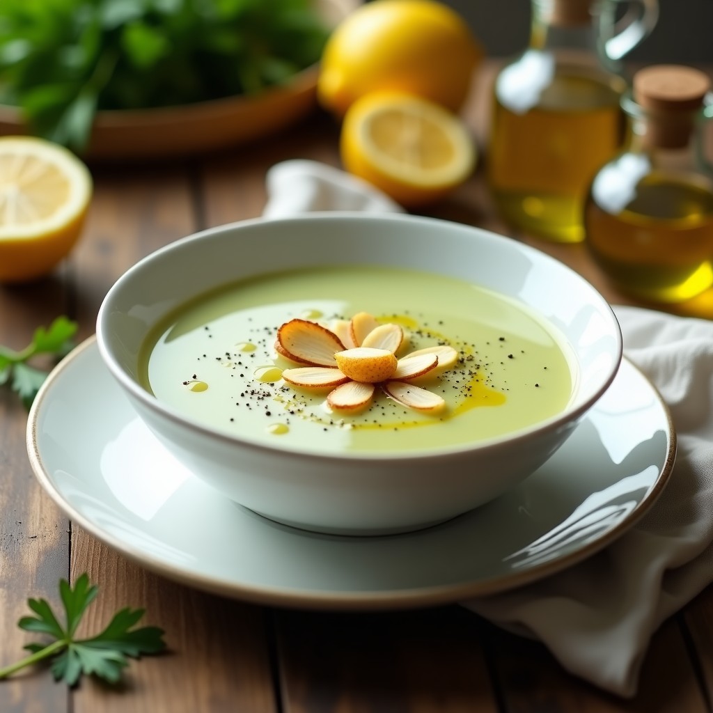 Cuenco blanco con sopa fría de espárragos blancos y limón, decorada con almendras fileteadas tostadas y un hilo de aceite de oliva virgen extra. Fondo con hierbas frescas y rodajas de limón.