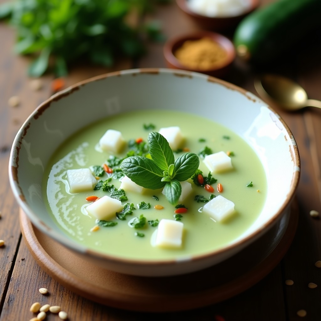 Sopa fría de gurkha y yogur griego servida en un bol blanco hondo, decorada con pistachos tostados picados, pétalos de rosa comestibles y hielo picado. El plato está rodeado de hierbas frescas como menta y cilantro, sobre una mesa de madera rústica con luz natural suave. Receta india refreshing y baja en calorías.
