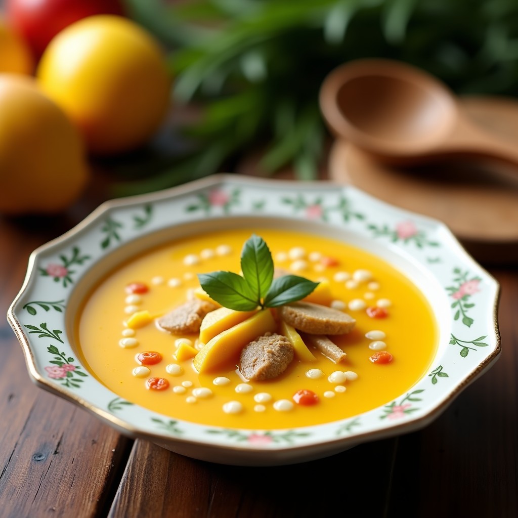 Cuenco blanco con sopa fría de mango y jengibre, decorada con virutas de coco tostado, hojas de menta fresca y trozos de mango. Plato tailandés detox sobre fondo de madera rústica con limas y coco al lado.