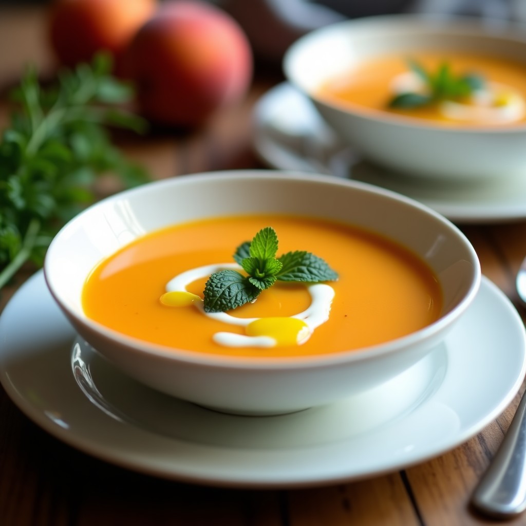 Cuenco blanco con sopa fría de melocotón y hinojo vegana, decorada con hojas de menta y un hilo de aceite de oliva, sobre una mesa de madera rústica con melocotones de fondo.