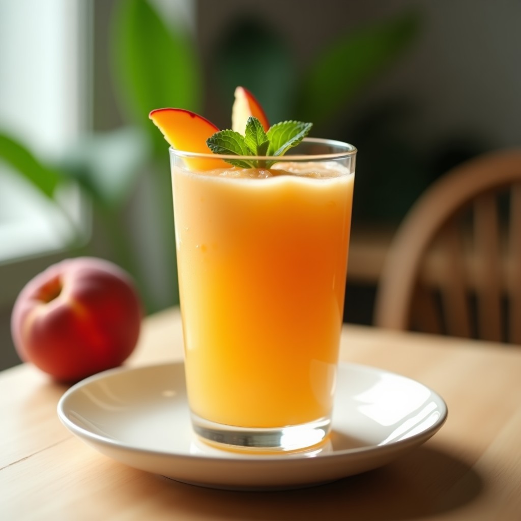 Vaso alto transparente con sopa fría de melocotón y menta, decorada con rodajas de melocotón y hojas de menta fresca, sobre fondo de madera clara con gotas de condensación.
