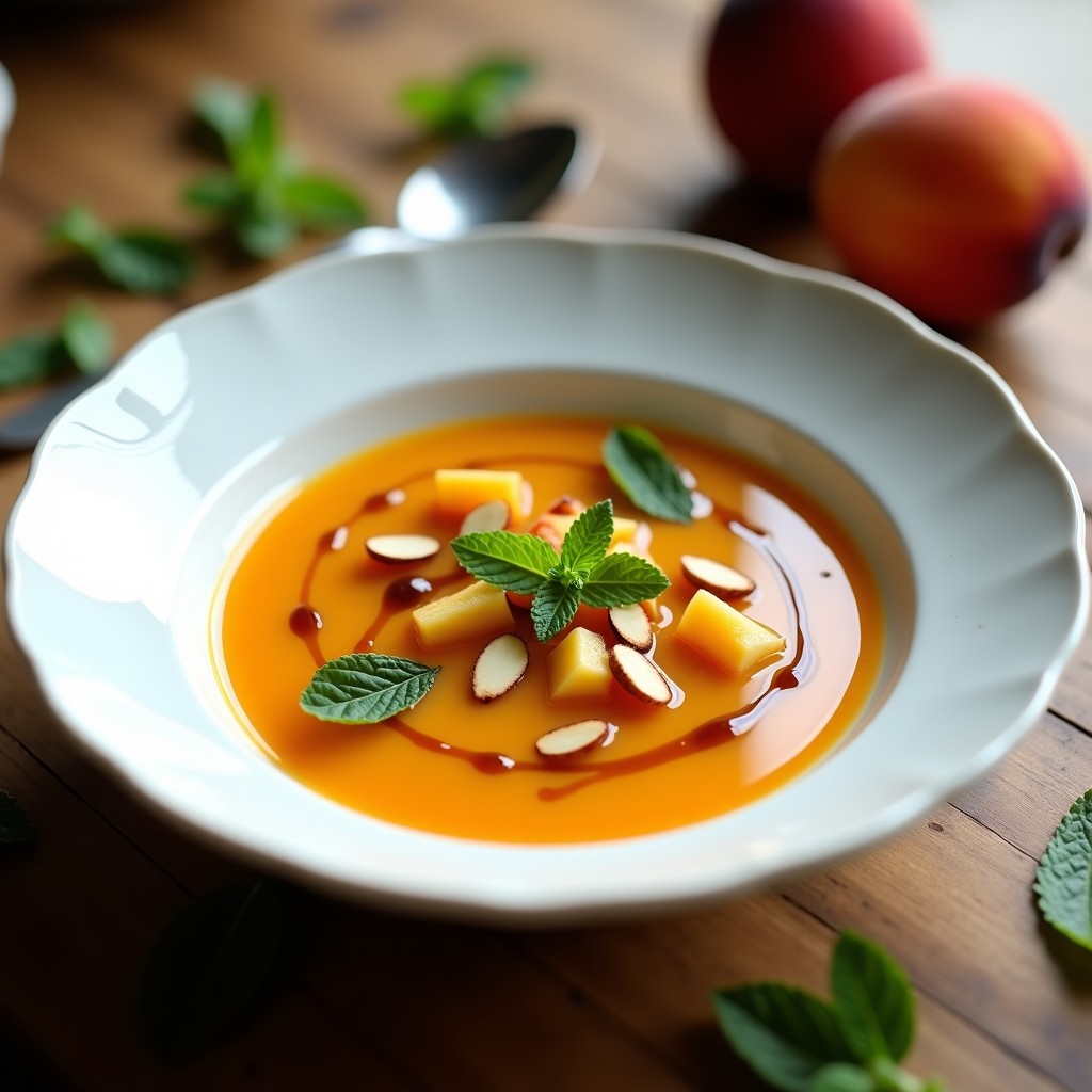 Sopa fría de melocotón con vinagre de Módena servida en cuenco de porcelana blanca, decorada con cubos de melocotón, hojas de menta y almendras fileteadas, con un hilo de aceite de oliva virgen extra.