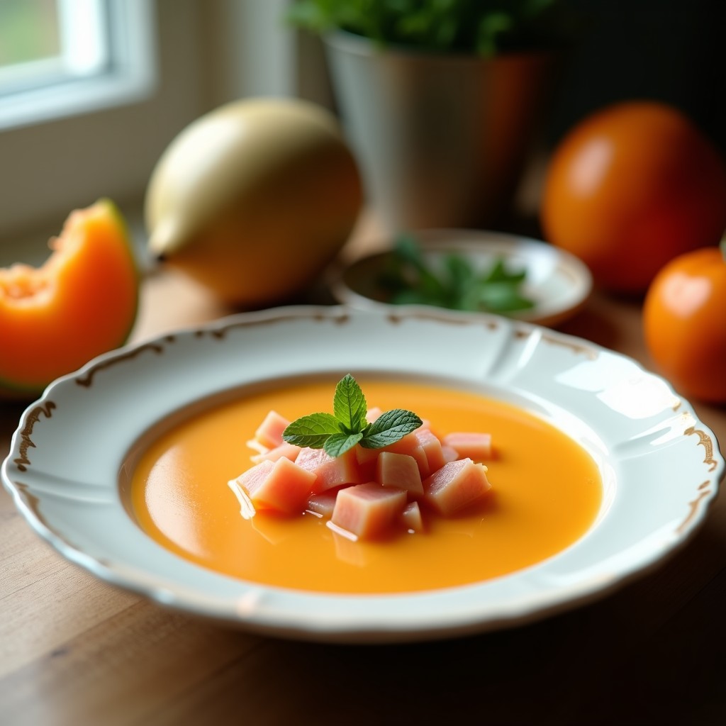 Sopa fría de melón Cantalupo en cuenco blanco con taquitos de jamón serrano, hojas de poleo y almendras fileteadas, servida sobre fondo rústico de madera con luz natural de verano.