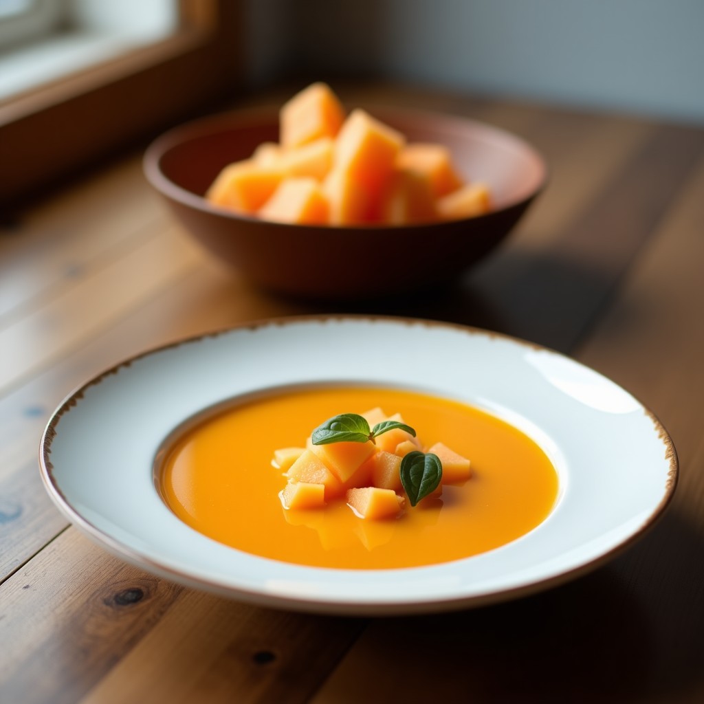 Cuenco de porcelana blanca con sopa fría de melón cantalupo y jengibre, gazpacho veraniego sin calorías, decorado con cubos de melón, hojas de menta fresca y un hilo de aceite de oliva sobre fondo de madera clara con luz natural.