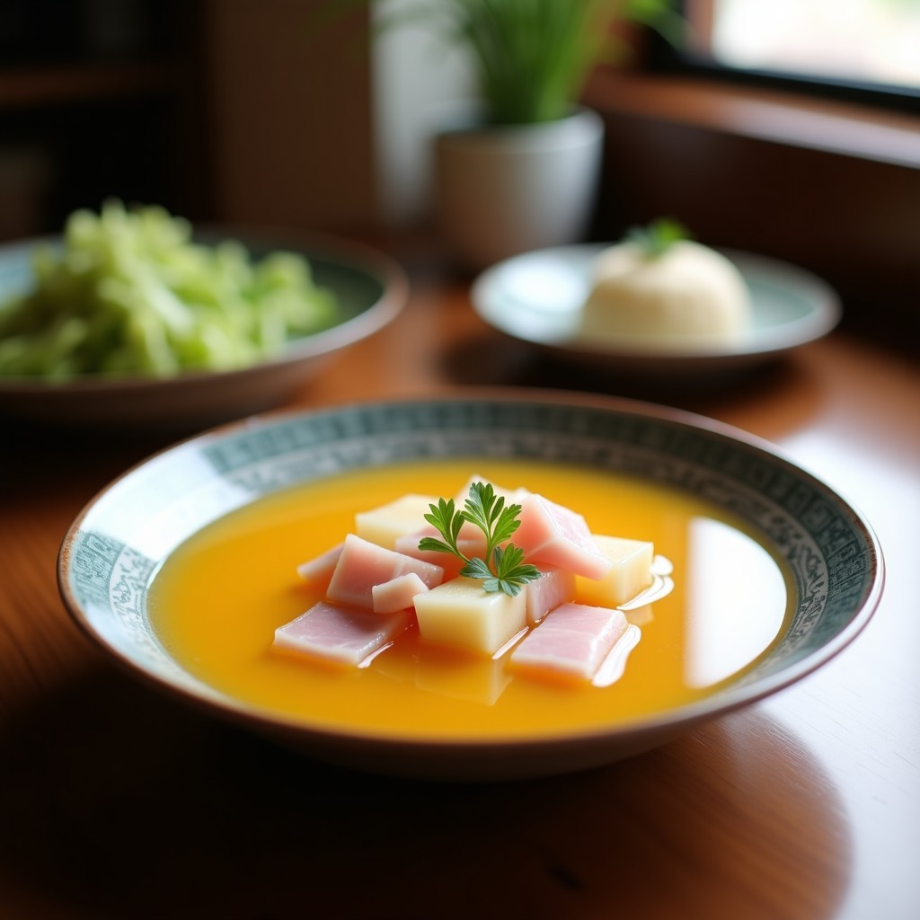 Cuenco de porcelana blanca con sopa fría de melón cremosa, decorada con taquitos de jamón ibérico, cubos de melón fresco, hojas de menta y almendras fileteadas, sobre fondo rústico de madera con luz natural.