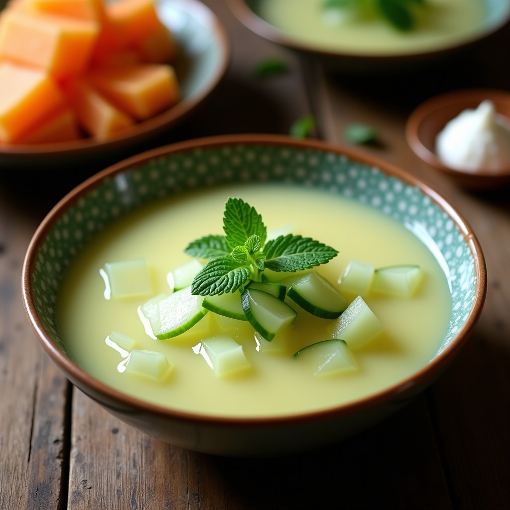 Cuenco blanco con sopa fría de melón y pepino con mentha árabe, decorada con semillas de granada, pistachos picados, rodajas de pepino y un chorrito de aceite de oliva. Fondo con hojas de mentha fresca y un ambiente veraniego.