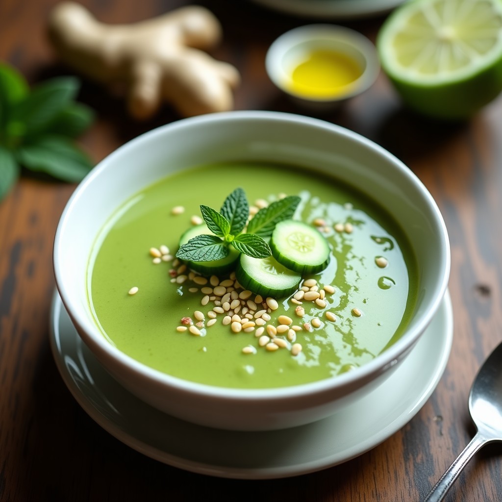 Gazpacho verde keto en cuenco blanco, sopa fría de pepino y aguacate con decoración de rodajas de aguacate, pepino, almendras fileteadas y cilantro fresco, servido sobre mesa de madera con fondo desenfocado.