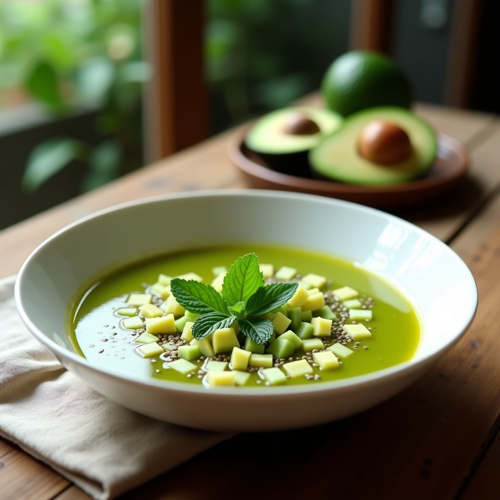 Cuenco de cerámica blanca con sopa fría de pepino y aguacate, coronada con vinagreta de lima y cilantro fresco picado, acompañada de rodajas de lima y hojas de cilantro. Plato refrescante y colorido sobre fondo de madera rústica.