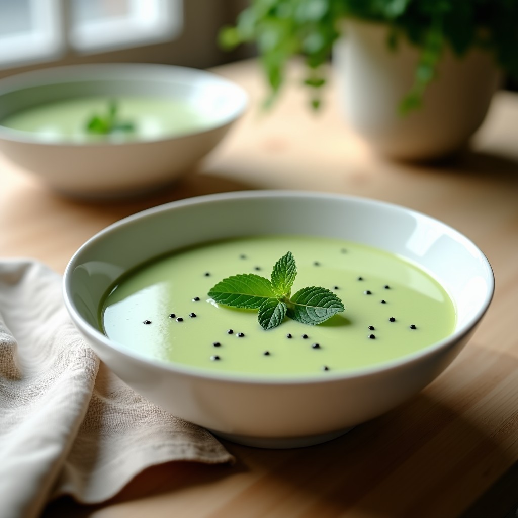 Cuenco blanco con sopa fría de pepino y algas fucus, decorada con hojas de cilantro fresco y semillas de sésamo tostado, sobre una mesa rústica con fondo borroso de hierbas verdes.