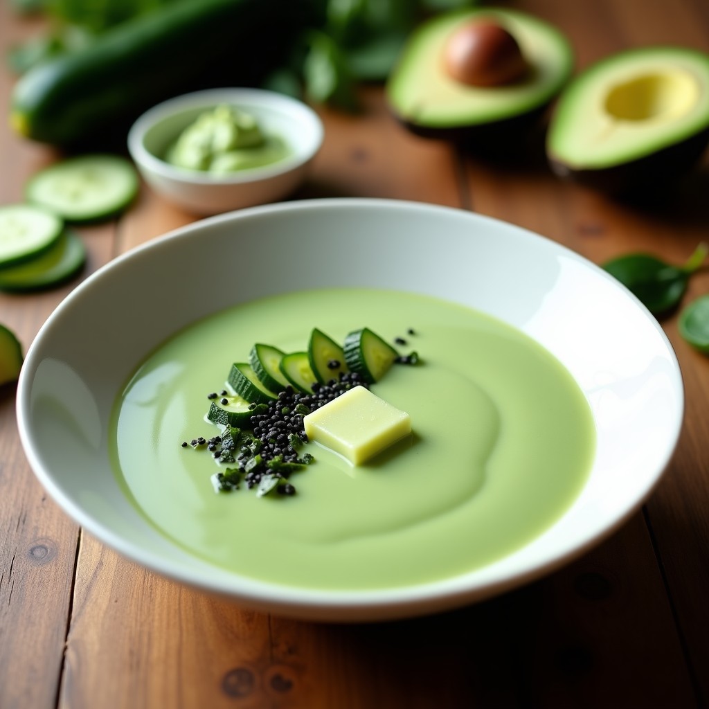 Cuenco de porcelana blanca con sopa fría de pepino y algas nori, decorada con cubos de pepino, semillas de sésamo negro y una bola de helado de wasabi en el centro, sobre una mesa de madera con hojas de cilantro y limón verde al lado.
