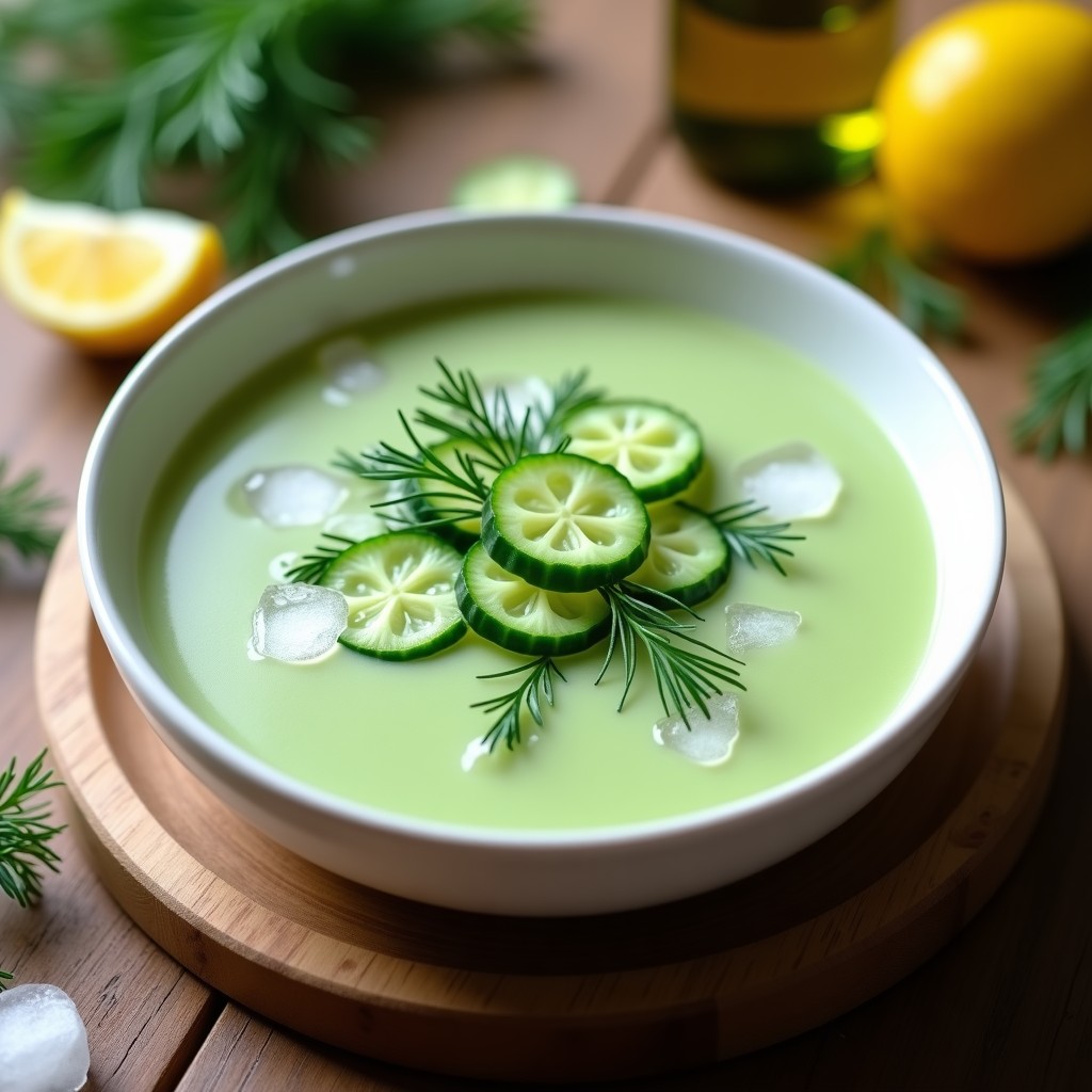 Cuenco blanco con sopa fría de pepino y eneldo sin lácteos, decorada con tiras de pepino fresco y hojas de eneldo, servida sobre una mesa de madera con hielo picado y un fondo de hierbas aromáticas.