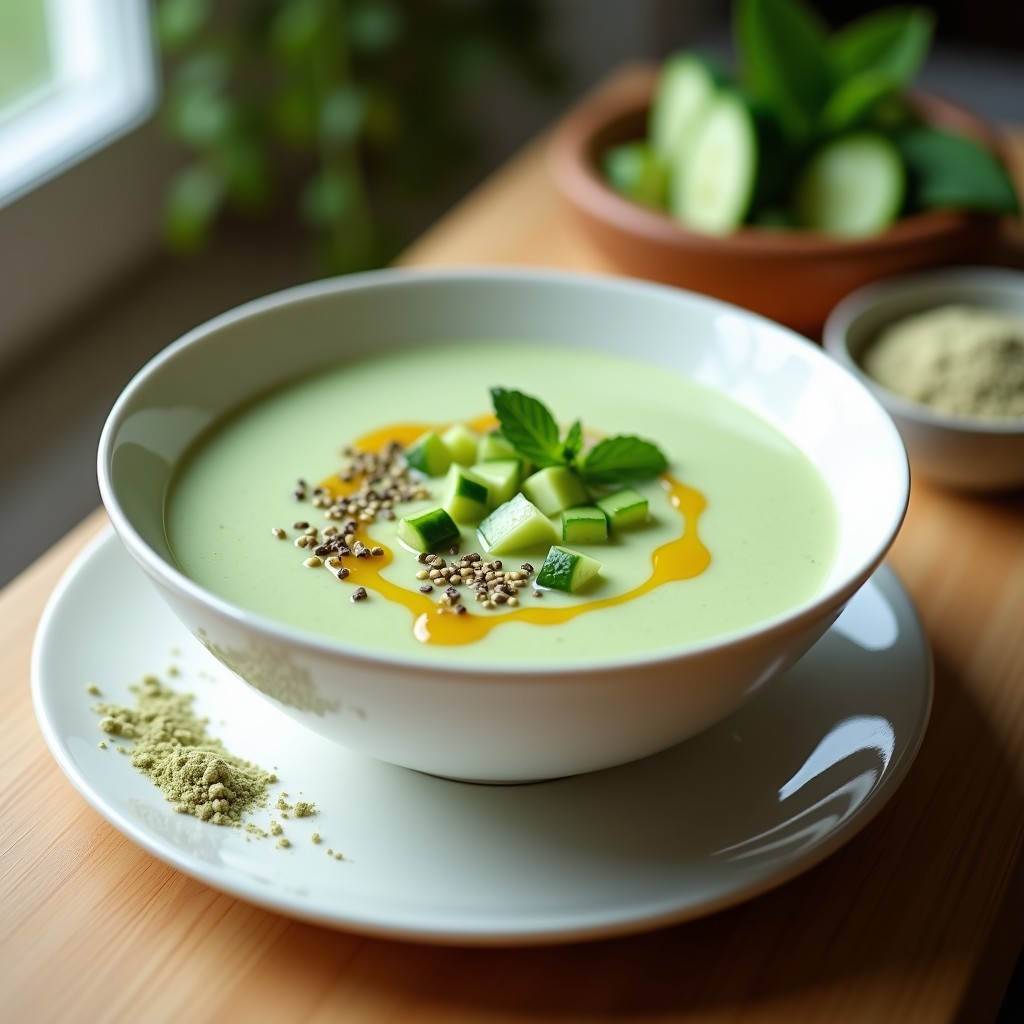 Cuenco de cerámica blanca con sopa fría de pepino y kéfir con mentol, gazpacho ruso probiótico, decorada con rodajas de pepino, hojas de mentol fresco y semillas de eneldo, sobre fondo de madera rústica con hielo picado.