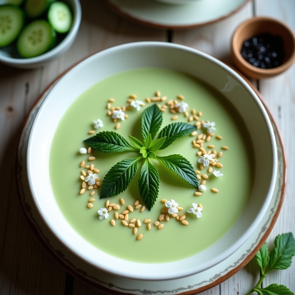 Sopa fría iraní de pepino y menta en cuenco de cerámica blanca, con decoración de hojas de menta fresca, semillas de sésamo tostadas y flores de hinojo sobre fondo rústico de madera.