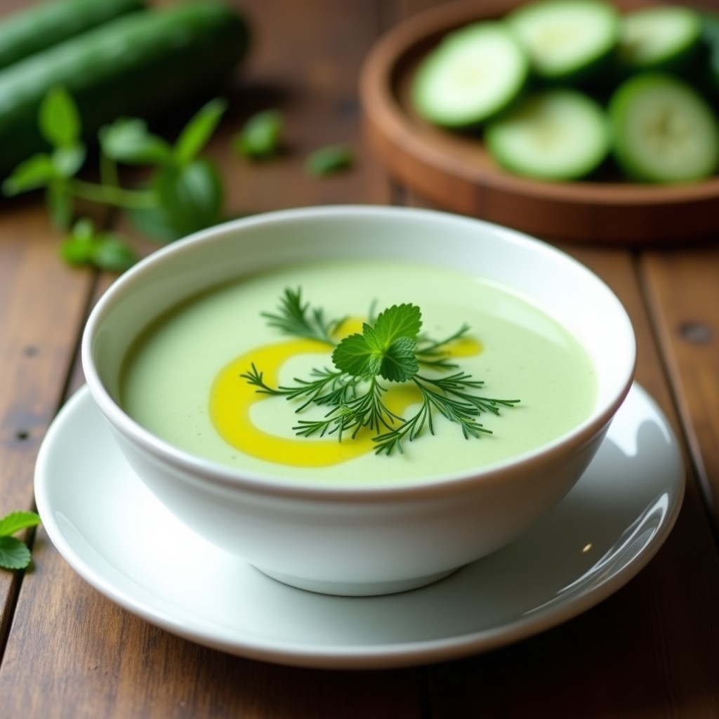 Cuenco blanco con sopa fría de pepino y yogur, decorada con hierbas frescas y un hilo de aceite de oliva, sobre una mesa de madera con rodajas de pepino al lado.