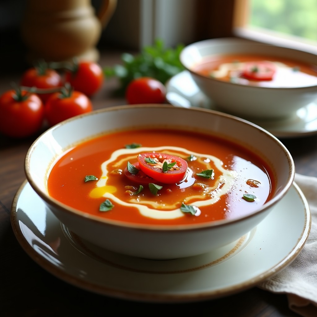 Cuenco de cerámica blanca con sopa fría de picio cordobés, decorada con trozos de pimiento verde, cebolla morada y un hilo de aceite de oliva virgen extra sobre fondo rústico de madera.