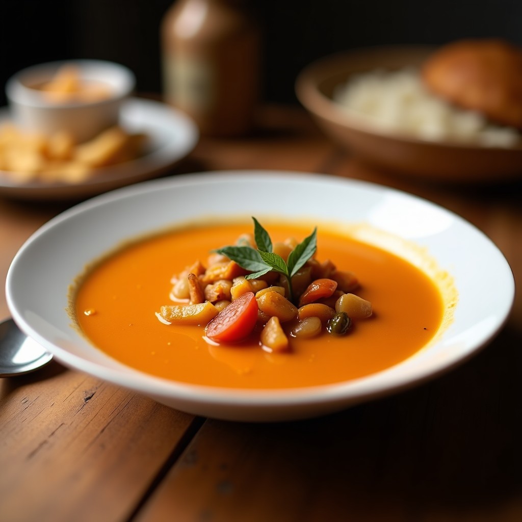 Cuenco de cerámica blanca con sopa fría de pimiento asado y almendras, decorada con trozos de pimiento rojo, almendras picadas y un hilo de aceite de oliva virgen extra sobre fondo rústico de madera.