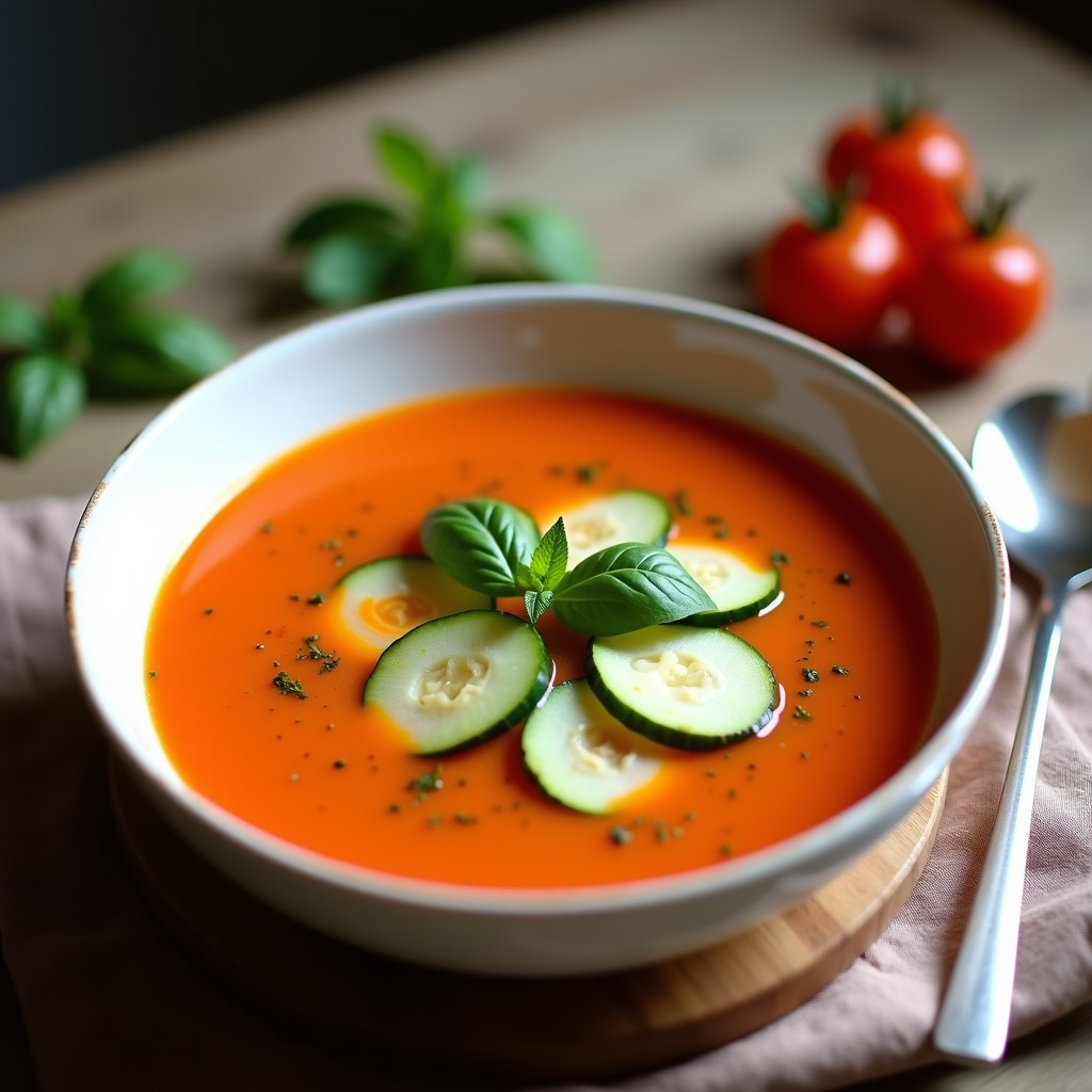 Cuenco blanco con sopa fría de pimiento asado y tomate ahumado, decorada con rodajas de pepino, hojas de albahaca y un hilo de aceite de oliva sobre fondo rústico de madera.