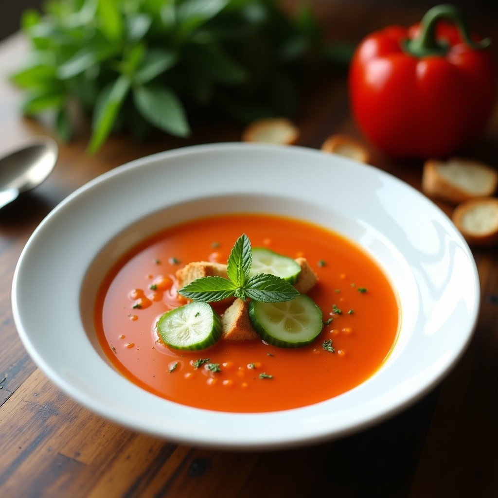 Cuenco blanco con sopa fría de pimiento choricero, decorada con trozos de pepino, pan tostado y un hilo de aceite de oliva virgen extra, receta thermomix.
