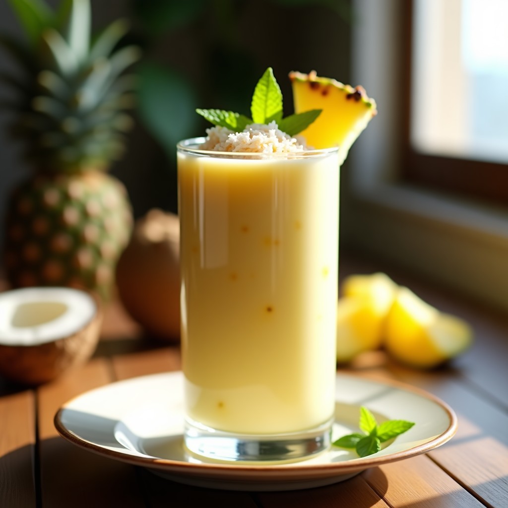 Vaso alto transparente con sopa fría de piña colada, decorada con coco rallado, rodaja de piña y hoja de menta, fondo de mesa rústica con luz natural.