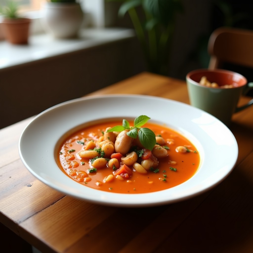 Cuenco de cerámica blanca con sopa fría de pisto andaluz vegano, decorada con hilo de aceite de oliva y hojas de albahaca fresca.
