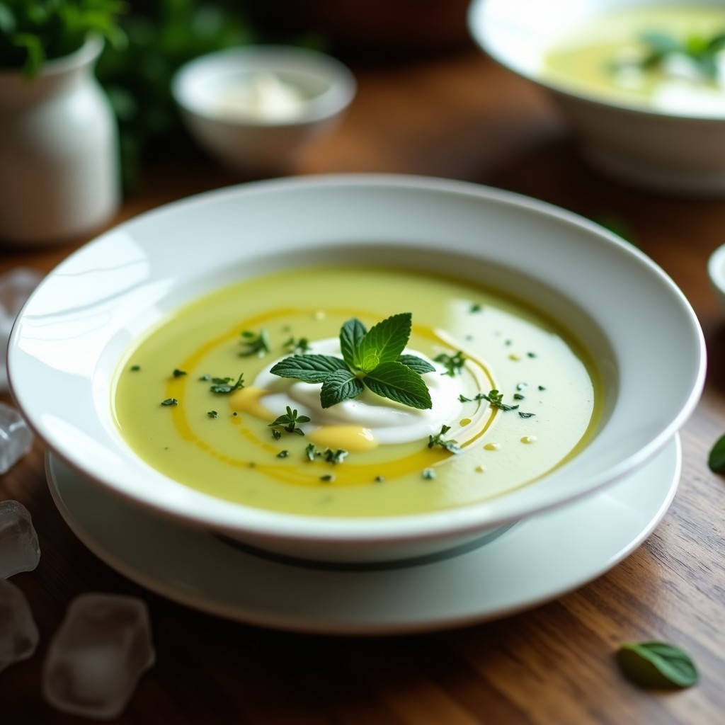 Cuenco blanco con sopa fría de puerro y patata, decorada con hojas de menta fresca, un hilo de aceite de oliva y yogur griego. Plato refrescante de verano en Thermomix.