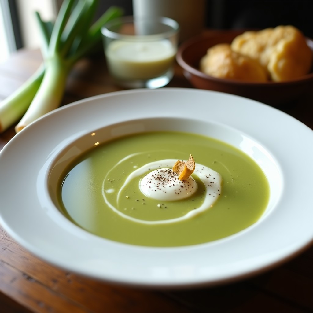 Cuenco blanco con sopa fría de puerro y patata trufada, espolvoreada con pimienta negra y un hilo de aceite de trufa, servida sobre hielo con decoración de yogur griego.