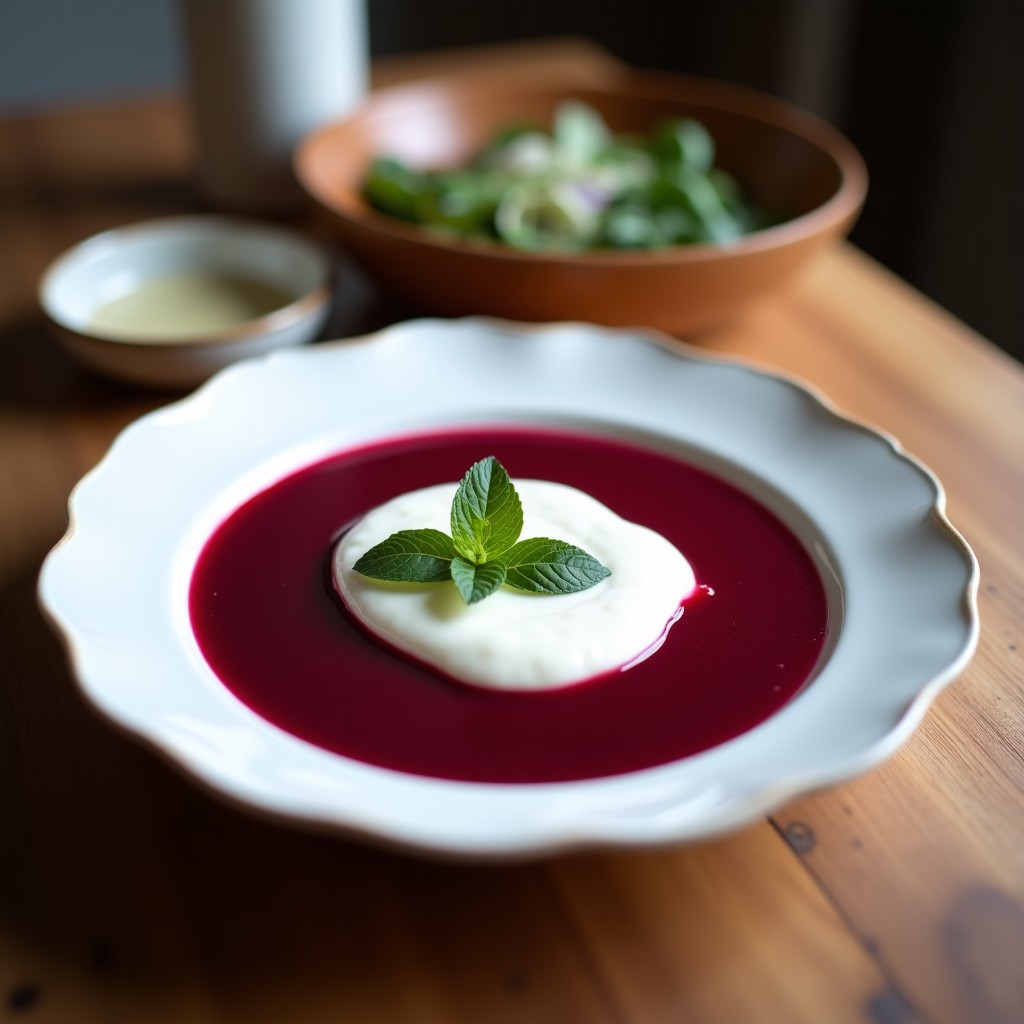Cuenco blanco con sopa fría de remolacha y jengibre con yogur de coco, decorada con hojas de menta, semillas de sésamo tostadas y cebollino. Plato refrescante y colorido, ideal para días de verano, con un toque detox.