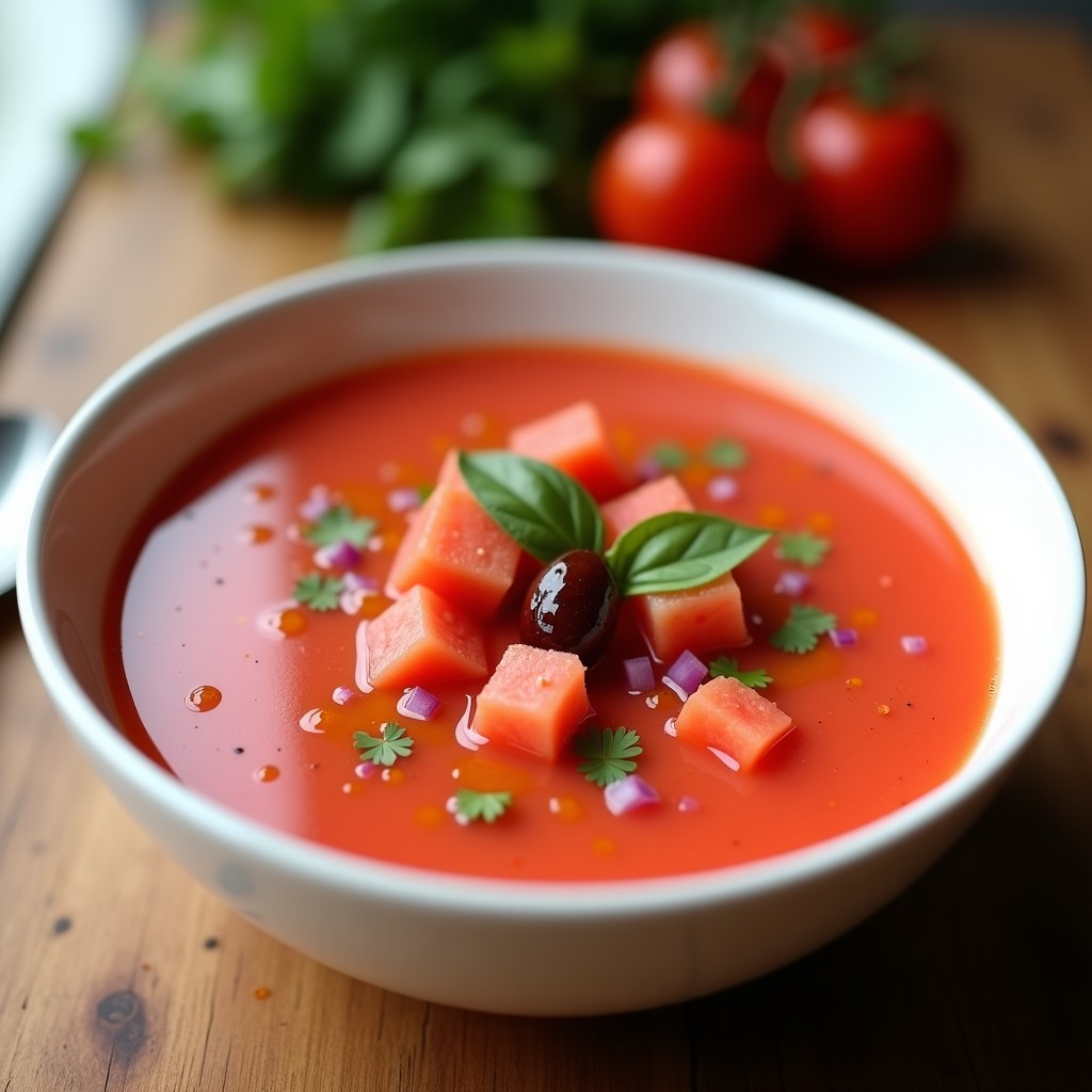 Sopa fría de sandía y jitomate con chile de árbol servida en cuenco de barro, decorada con cubos de sandía, rodajas de pepino y hojas de cilantro, con un hilo de aceite de oliva.