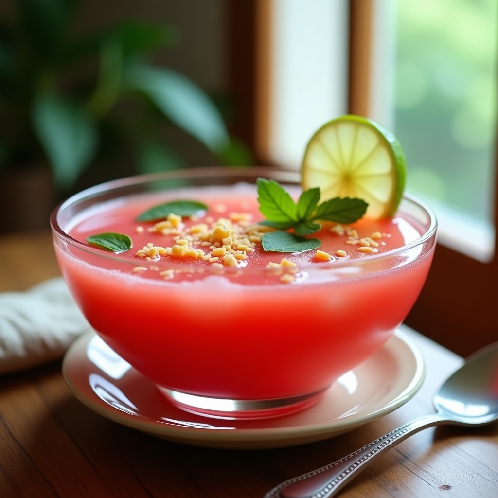 Sopa fría de sandía y mentha con toque de jengibre servida en cuenco de cristal transparente, decorada con cubos de sandía, hojas de mentha fresca, rodajas de limón verde y virutas de coco tostado. Fondo borroso con luz natural de verano.