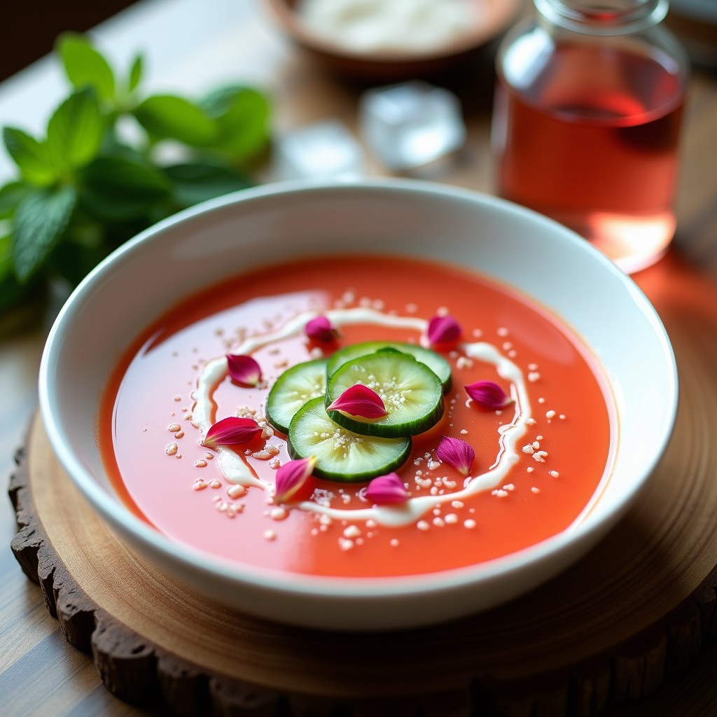 Cuenco de cerámica blanca con sopa fría turca de sandía y pepino, decorada con rodajas de pepino, pétalos de rosa comestibles y un hilo de aceite de oliva, sobre una mesa rústica con menta fresca y hielo al fondo.