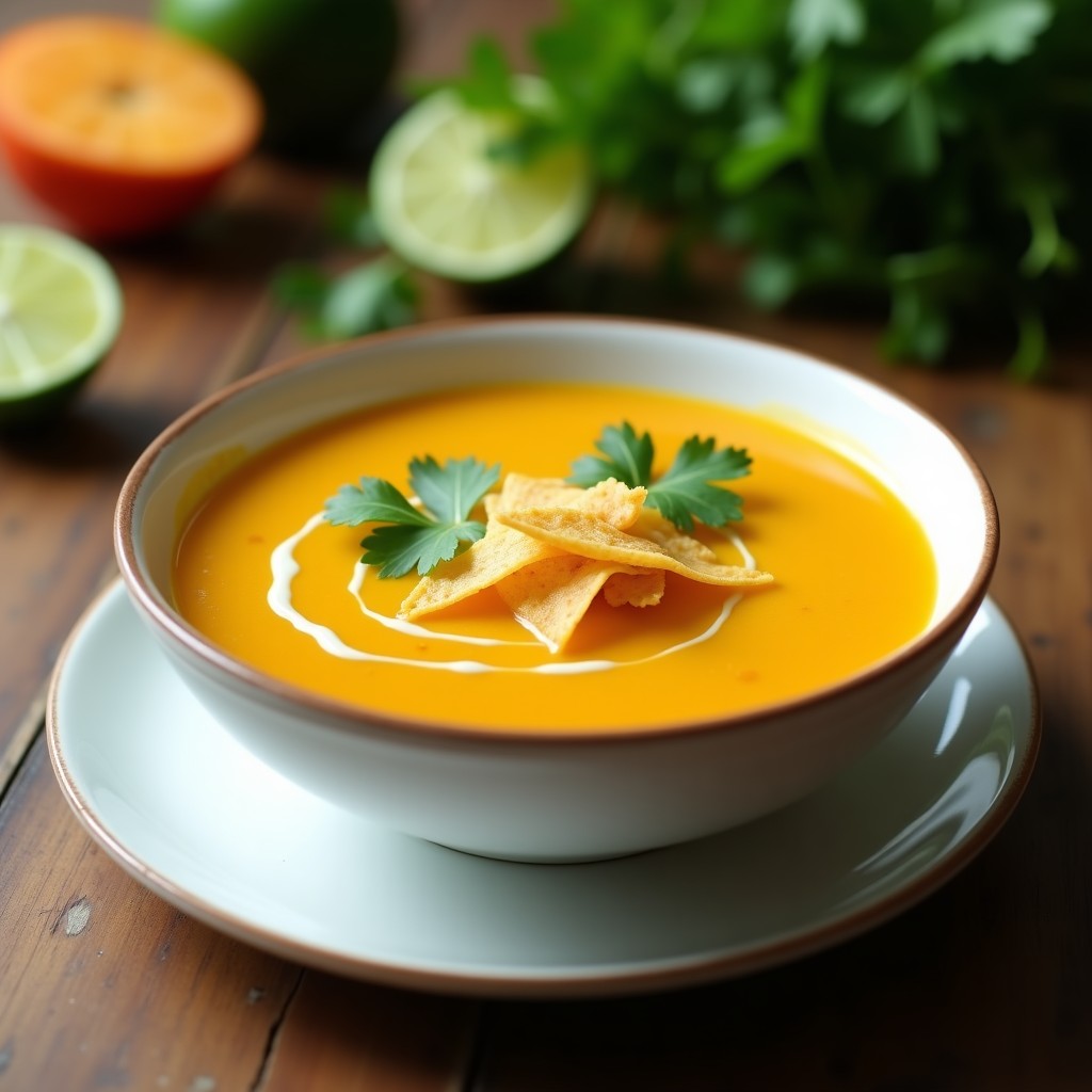Sopa fría colombiana de tomate amarillo y cilantro servida en cuenco de barro, con crujiente de tortilla dorada y hojas de cilantro fresco por encima. fondo rústico con textura de madera.