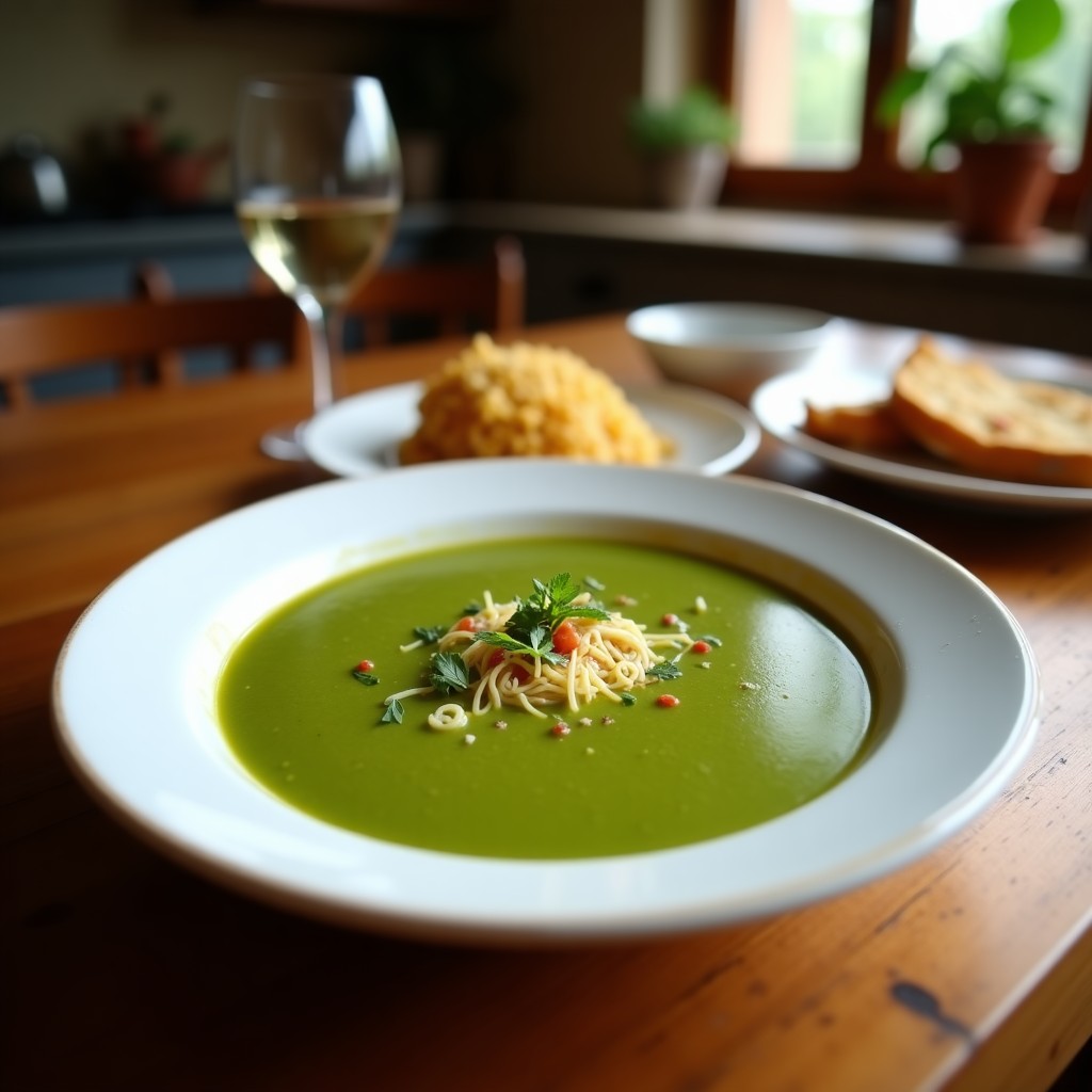 Sopa fría de tomate verde y pepita servida en un plato hondo blanco sobre fondo rústico, decorada con pepitas de calabaza tostadas, cilantro fresco y rodajas de limón, con hielo picado para resaltar su frescura.