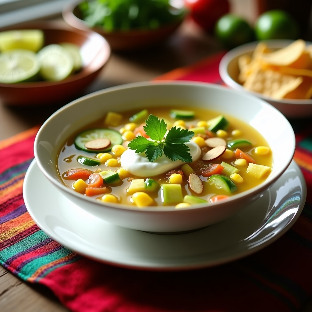 Plato hondo de cerámica blanca con sopa fría de Jalisco, llena de trozos de elote, aguacate, pepino, chiles verdes y decorada con almendras fileteadas y cilantro fresco.