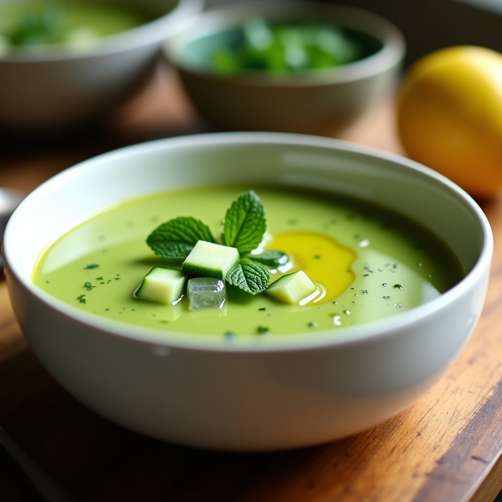 Cuenco blanco con sopa fría de habas verdes, color vibrante, decorada con hojas de menta fresca y un hilo de aceite de oliva, sobre fondo rústico de madera.