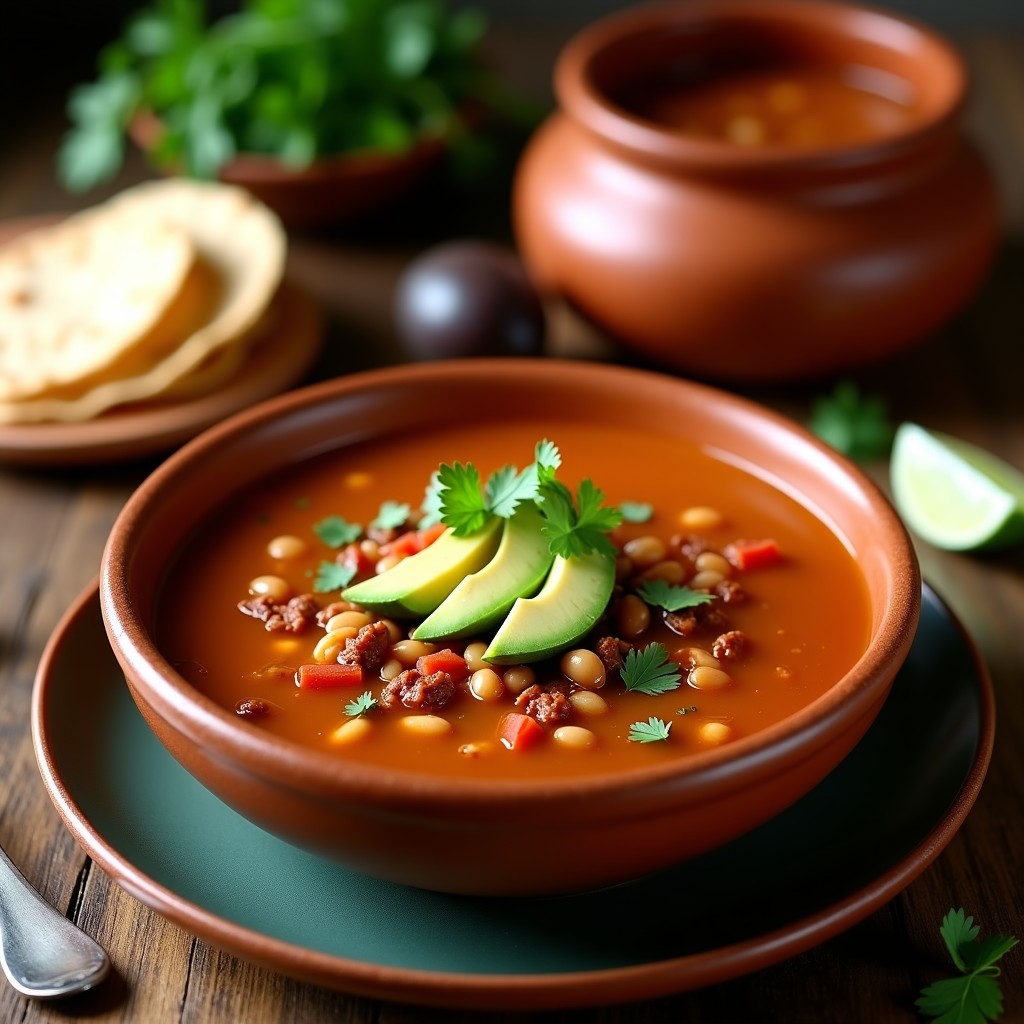 Plato hondo de barro con sopa de frijoles charros veganos, chorizo desmenuzado, cubos de aguacate y cilantro fresco, servida en olla exprés con fondo rustico mexicano.
