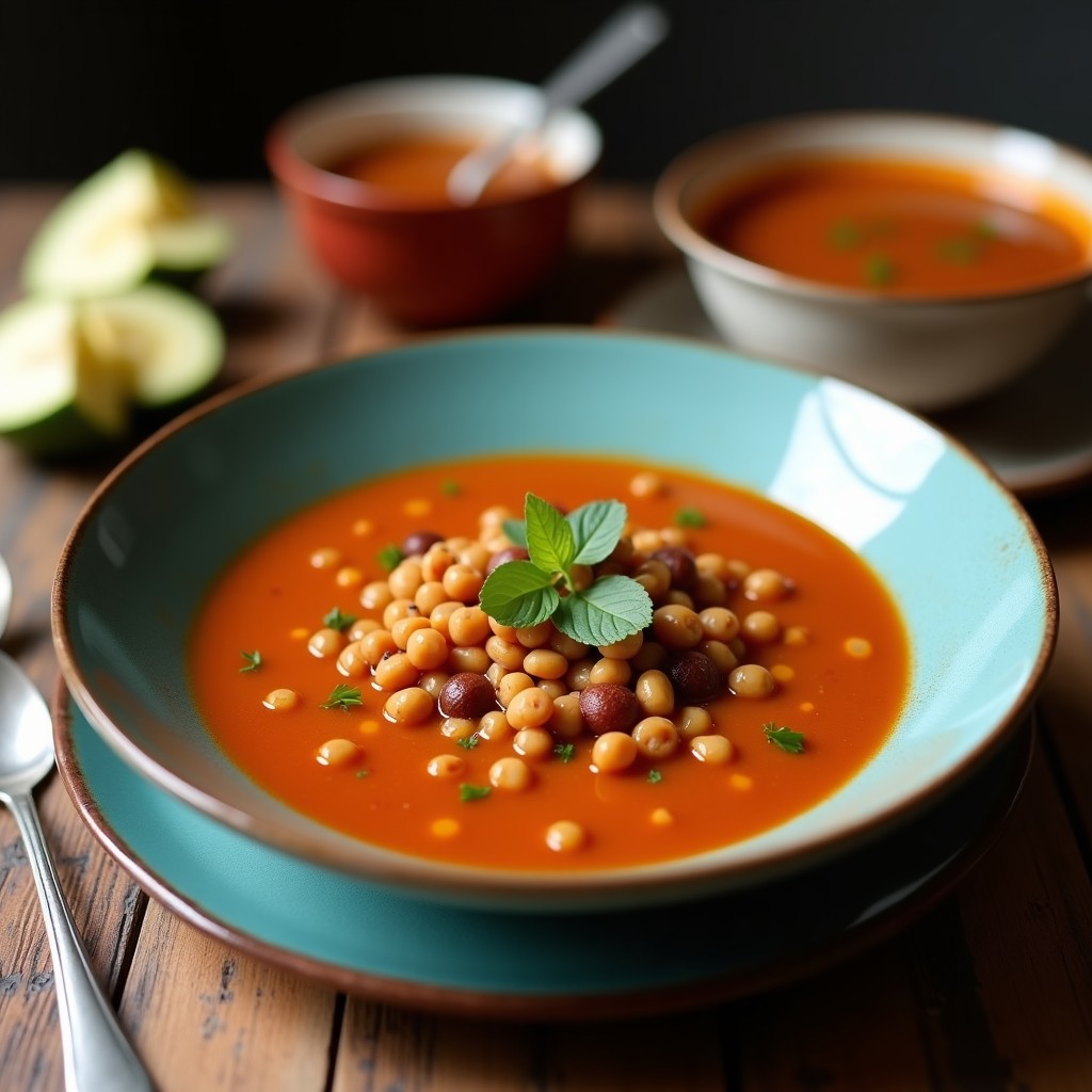 Cuenco de barro humeante con sopa de frijoles charros vegana, llena de frijoles bayos, hongos portobello dorados y tomates. Decorada con cilantro fresco y gajos de limón, sobre un mantel de lino rústico. Receta en olla exprés con chili ahumado.